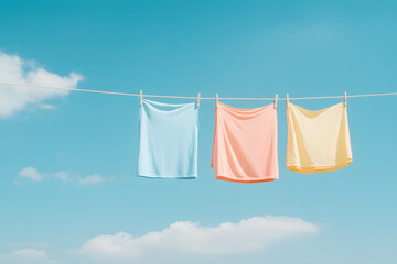 Clothes Hung by Pegs for Drying, Fresh Laundry on a Clothesline Outdoors