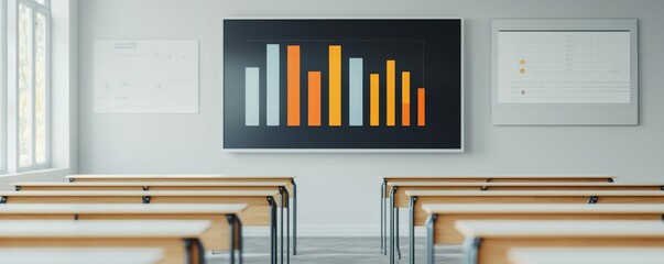 Modern classroom with floating holographic charts, illustrating datadriven learning powered by innovation and technology