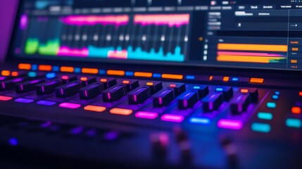 Music creation software UI, dark mode with customizable track layouts, intuitive mixer controls, live waveforms, vibrant color schemes