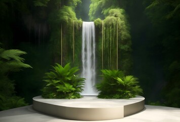 Nature backround for product placement, 3D waterfall landscape mockup backdrop for product and cosmetic presentation, backdrop photo for package or packaging box container