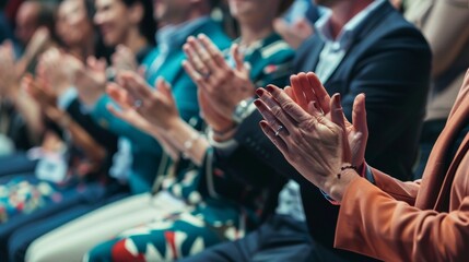 Audience row, hands or office team applause for congratulations, promotion winner or company growth. Trade show, conference meeting and seminar people clapping for convention presentation