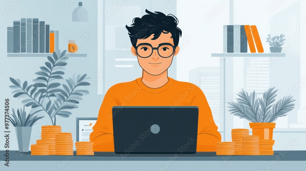Poster a man is sitting at a desk with a laptop and stacks of money