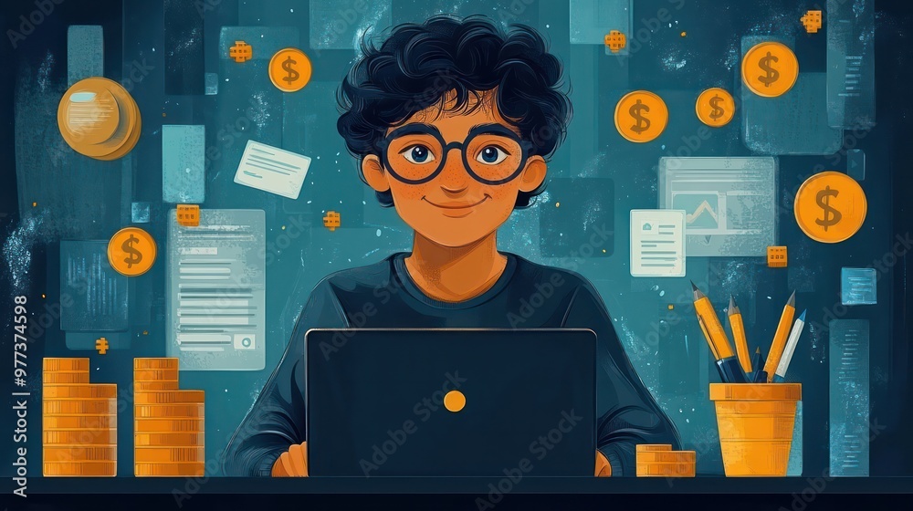 Poster a boy is sitting at a desk with a laptop and a stack of coins