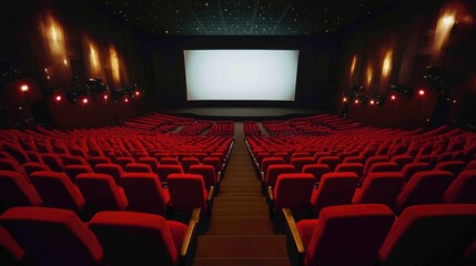A wide shot of a movie theater with a large screen and rows of red seats, evoking the atmosphere of a cinematic experience.