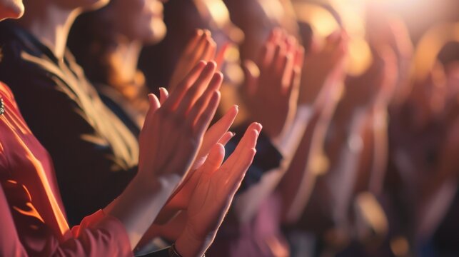 Audience row, hands or office team applause for congratulations, promotion winner or company growth. Trade show, conference meeting and seminar people clapping for convention presentation