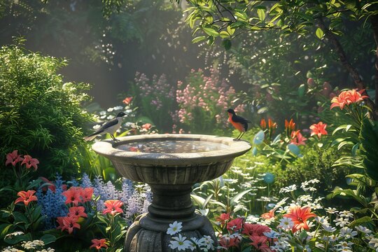 Graceful 3D render of a garden birdbath surrounded by flowers , created by ai