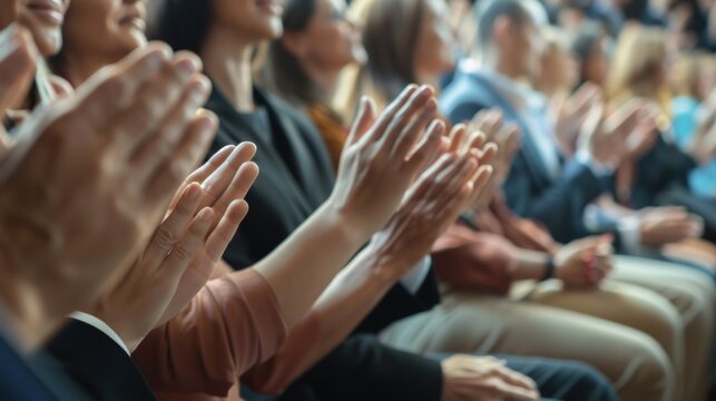 Audience row, hands or office team applause for congratulations, promotion winner or company growth. Trade show, conference meeting and seminar people clapping for convention presentation