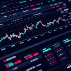 Obraz premium Real-time stock trading software UI, dark theme with bright contrasting elements, live chart visualization, intuitive trade control buttons