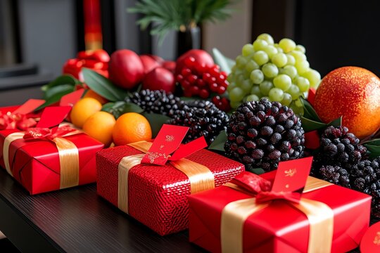 A traditional Chinese New Year gift table, with red envelopes, fruit, and symbolic gifts arranged neatly