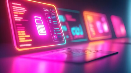 Obraz premium Remote job marketplace UI, holographic freelancer profiles, glowing project listings, futuristic employment platform