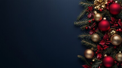 Fototapeta premium Beautiful Christmas decorations featuring elegant ornaments and rich greens. The image captures a festive spirit. Ideal for holiday themes and seasonal design projects. AI