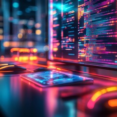 Obraz premium Remote work software, virtual desks, holographic task management, futuristic office environment