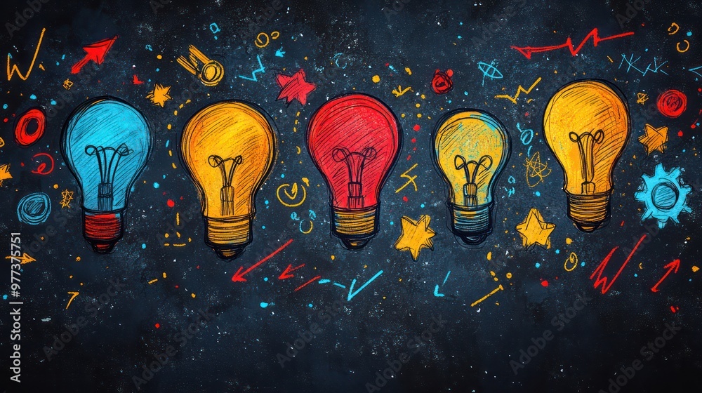 Poster a drawing of five light bulbs with stars and other shapes surrounding them