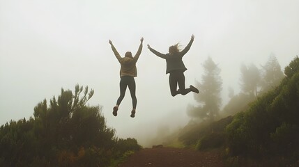 Two women jumping with joy in foggy forest landscape