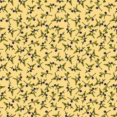 Seamless pattern with a branch of wild blueberries on a yellow background ideal for wrapping paper, wallpaper, fabric, texture and other print.