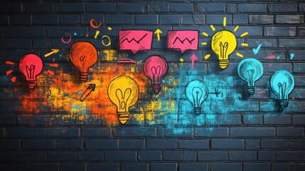 A colorful mural of light bulbs and arrows on a brick wall