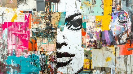 Fototapeta premium A vibrant mixed media artwork featuring a striking face amidst colorful textures and bold patterns, embodying modern art aesthetics.