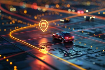 Automobile with gps tracking pulsing signal. A vehicle transmitting gps signal. Searching car location with gps tracker