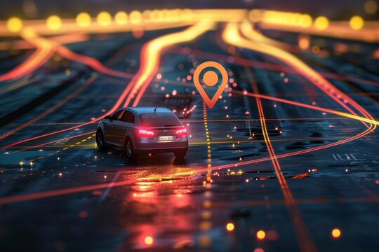 Automobile with gps tracking pulsing signal. A vehicle transmitting gps signal. Searching car location with gps tracker