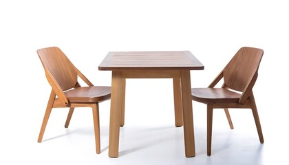 Modern wooden furniture. A minimalist wooden chair and table set isolated on a white background.