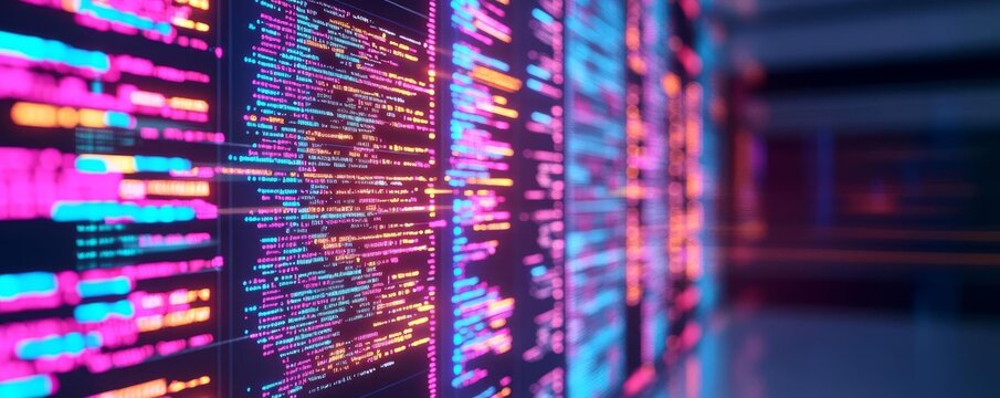 Smart contract creation tool, glowing blockchain visualization, neon code editor, futuristic finance room