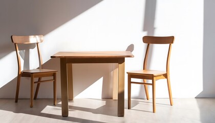 Modern wooden furniture. A minimalist wooden chair and table set isolated on a white background.