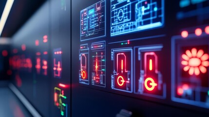 Obraz premium Smart grid management software, holographic power flow, neon energy indicators, futuristic utility control