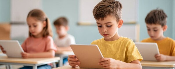 Children using a tablet for an interactive learning app, bright classroom setting, developing digital skills, modern education technology