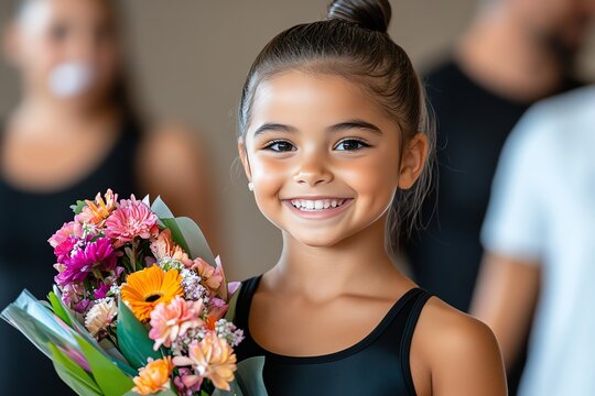 A young dancer receiving flowers after her first solo performance, her smile beaming with pride