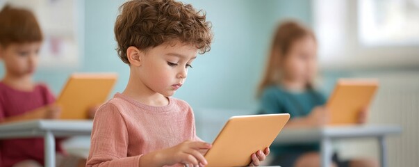 Children using a tablet for an interactive learning app, bright classroom setting, developing digital skills, modern education technology
