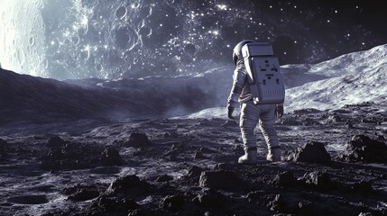 Obraz premium An astronaut explores the surface of the moon, with the vastness of space stretching out behind them