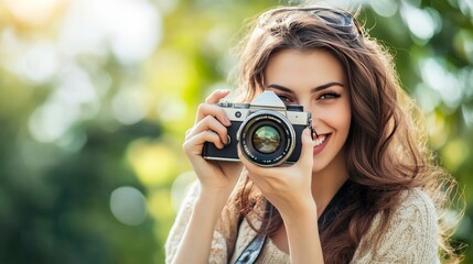 A woman is holding a camera and smiling