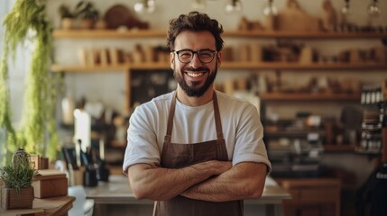 A man with a big smile is standing in a kitchen with apron on