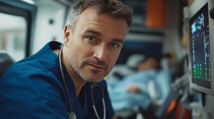 Fototapeta premium A man in a blue scrubs is standing in front of a monitor
