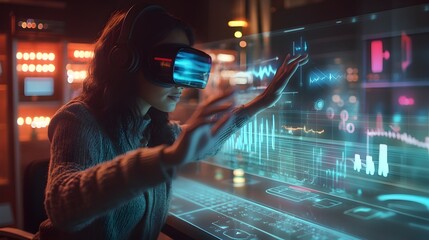 Woman Engaging with Futuristic Holographic Data Using Virtual Reality Headset
