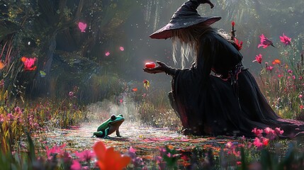 The girl with long red hair in a witch's hat in the cyber city