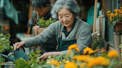 An older woman is watering plants in a garden