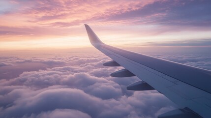 Aerial view from an airplane flying above clouds during sunset, with the sky painted in soft pinks, purples, and oranges