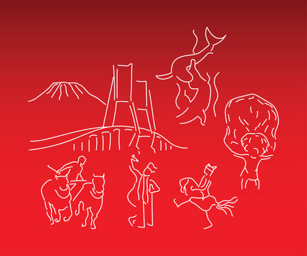 Indonesia East Java culture and landmark line icon set isolated vector illustration