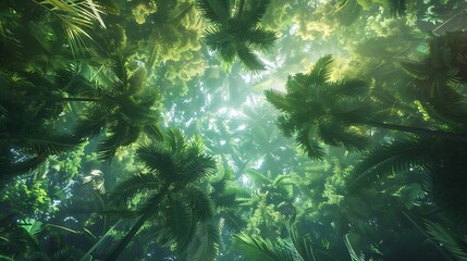 Fototapeta premium Wood crown view of a verdant tropical rainforest from the bottom to the top