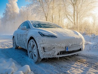 Electric car covered in heavy frost during sunrise