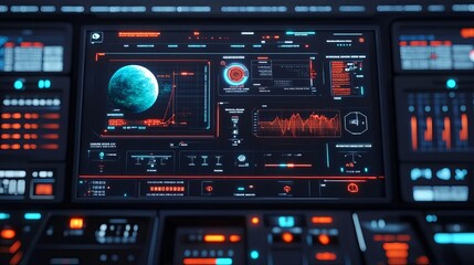 Fototapeta premium Space exploration simulator interface, holographic planetary systems, digital navigation controls, futuristic space lab