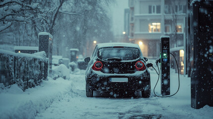 Electric car charging in snow-covered urban setting