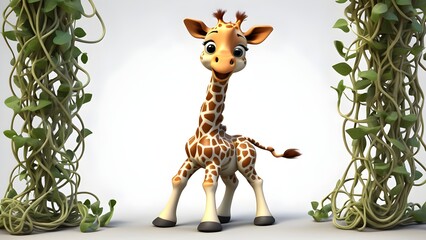 baby giraffe with an adorable, oversized head, tangled in a bunch of vines. It’s trying to figure out how to untangle itself but looks completely confused, with its legs in awkward poses.