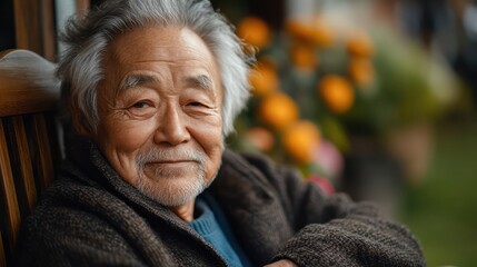 An older man with a beard and gray hair is sitting on a bench