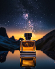 Amber perfume bottle with star-lit sky and mountain backdrop