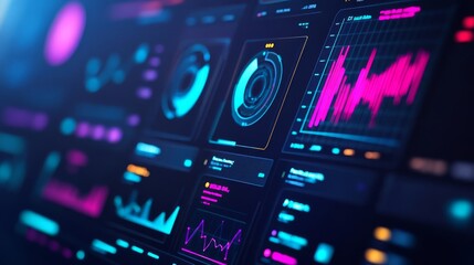 Obraz premium User interface, futuristic dashboard, neon blue accents, dark background, advanced analytics display