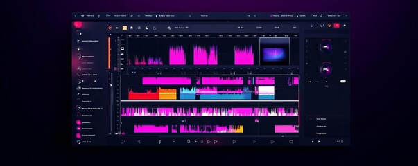 Fototapeta premium Video editing software UI, minimalist design, customizable timeline with vibrant highlight colors, clear icons for tools and options