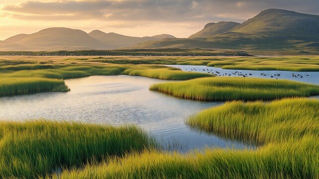 Northton&rsquo;s stunning salt marshes glow at sunset, showcasing Scotland&rsquo;s serene coastal beauty.