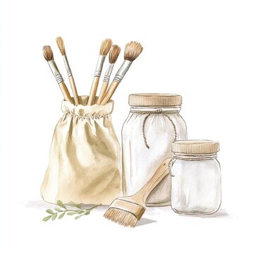 Art supplies arranged with brushes, jars, and a fabric pouch for creative projects and artistic inspiration.